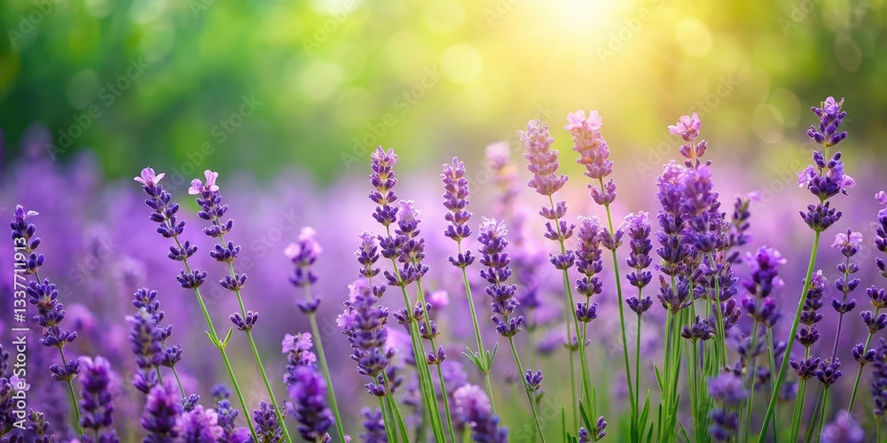 Naklejka premium A field of purple lavender flowers blooming alongside lush green foliage with delicate stems and leaves forming a beautiful border, flower field, green borders