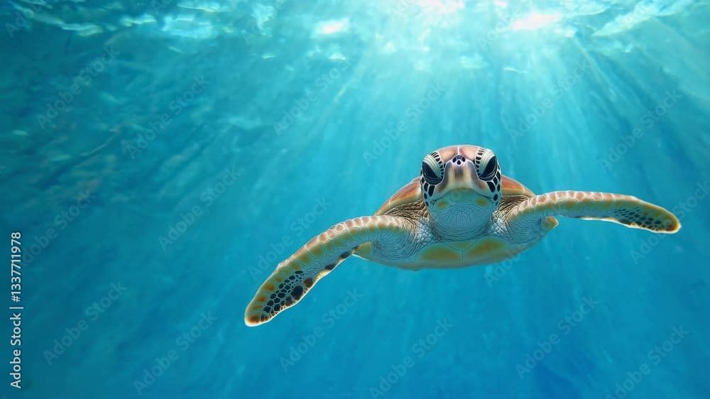 Marine reptile glides through crystal waters. Sunbeams pierce azure depths illuminating lone green turtle's journey. Static wide angle capture