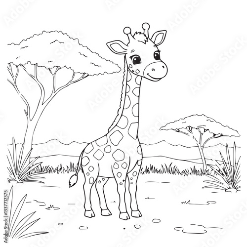Cute giraffe in savana illustration for coloring book