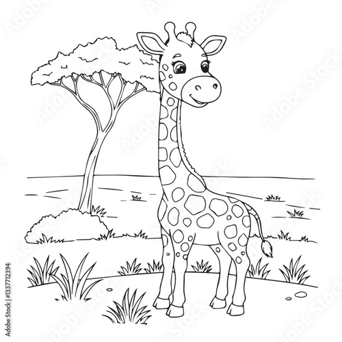 Cute giraffe in savana illustration for coloring book