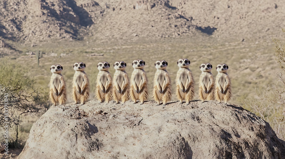 Naklejka premium Meerkats Standing Vigilantly on a Rock, Watching for Threats in Arid Desert Landscape