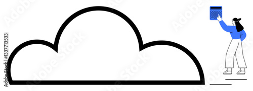 Person places digital file in cloud symbol, concept of online storage, remote access, security, innovation, simplicity, and technology management. Ideal for productivity, technology data