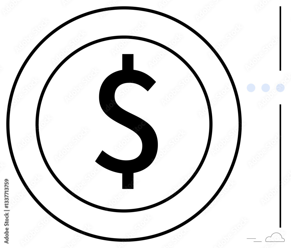 Dollar sign enclosed within concentric circles surrounded by minimalistic elements. Ideal for finance, investment, savings, banking, economy, wealth, business analysis. Flat simple metaphor Dollar sign enclosed within concentric circles surrounded by minimalistic elements. Ideal for finance, investment, savings, banking, economy, wealth, business analysis. Flat simple metaphor