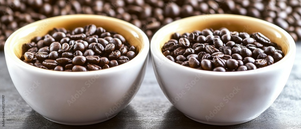 Two bowls filled with rich, dark coffee beans, showcasing their texture and color, ideal for coffee lovers and culinary enthusiasts. Two bowls filled with rich, dark coffee beans, showcasing their texture and color, ideal for coffee lovers and culinary enthusiasts.