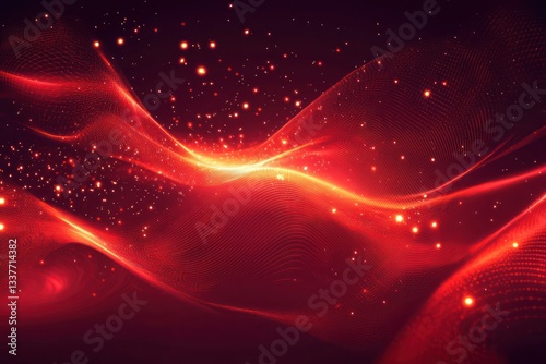 Red vibrant abstract background features scattered glowing particles.