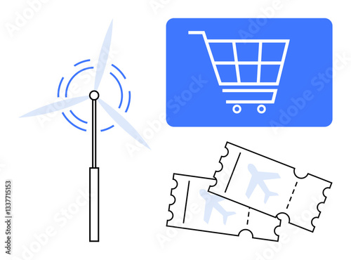 Wind turbine, shopping cart, and airplane tickets showcasing sustainable energy, e-commerce, and travel. Ideal for sustainability, shopping, travel, innovation consumer habits green economy flat