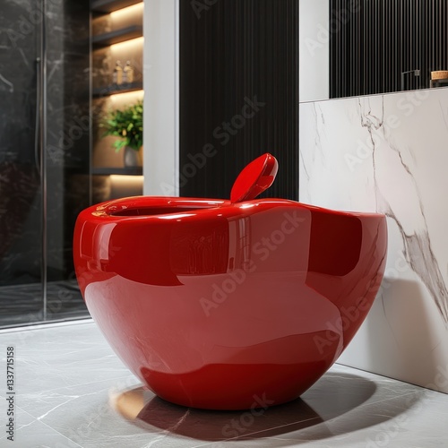 Modern red apple-shaped toilet in a luxurious bathroom
