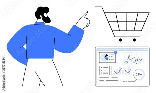 Man pointing at a shopping cart icon beside a data analytics dashboard showcasing graphs and metrics. Ideal for e-commerce, market analysis, online shopping, data management, business growth, digital