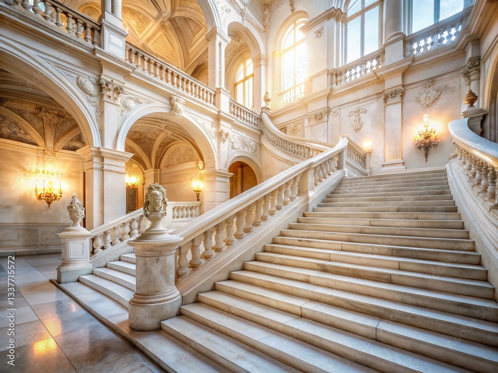 Naklejka premium Majestic White Marble Staircase Leading to Ornate Building - Long Exposure Photography