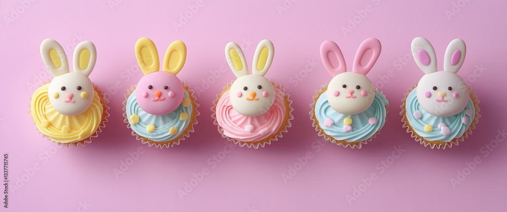 Obraz premium Happy Easter sweets. Candy eggs, cupcakes and chocolate isolated on pastel background