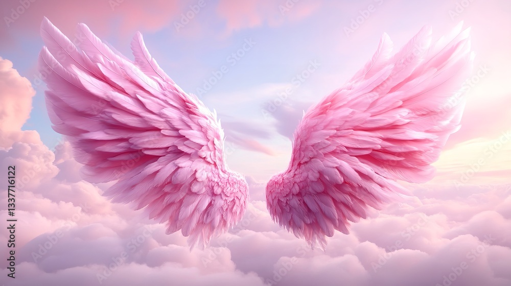Obraz premium Majestic pink wings emerge from fluffy clouds during a serene sunrise in an ethereal sky
