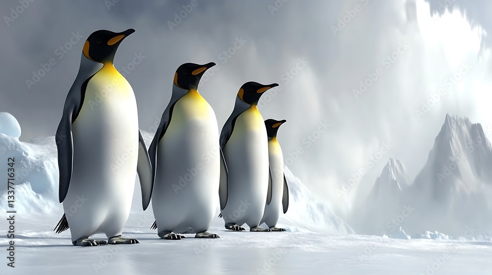 Fototapeta premium Four penguins standing on snowy ice with mountains in the background, Antarctica. Potential stock image