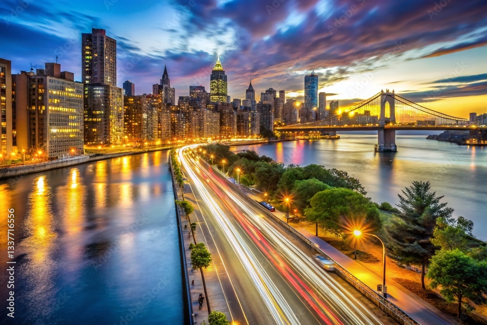 Fototapeta premium Manhattan FDR Drive Overpass at 78th Street - East River & Cityscape View