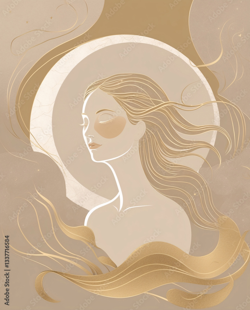 Abstract hand painted portrait of a woman with celestial moon and waves in soft golden shades unique artistic expression Abstract Woman Illustration Flat Design Abstract hand painted portrait of a woman with celestial moon and waves in soft golden shades unique artistic expression Abstract Woman Illustration Flat Design