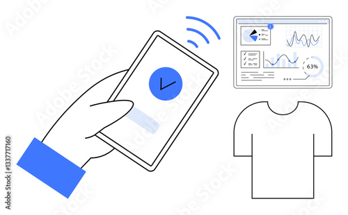 Hand holding phone with app tracking smart clothing metrics, connected to dashboard with analytics and graphs. Ideal for wearable health, IoT, fitness, technology, real-time data, health insights