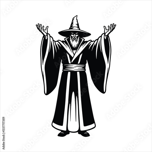 Majestic Wizard Vector Illustration | Black and White Mystical Art | silhouette | Magic Man