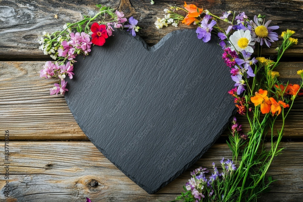 Heart-shaped slate board with vibrant wildflowers Heart-shaped slate board with vibrant wildflowers