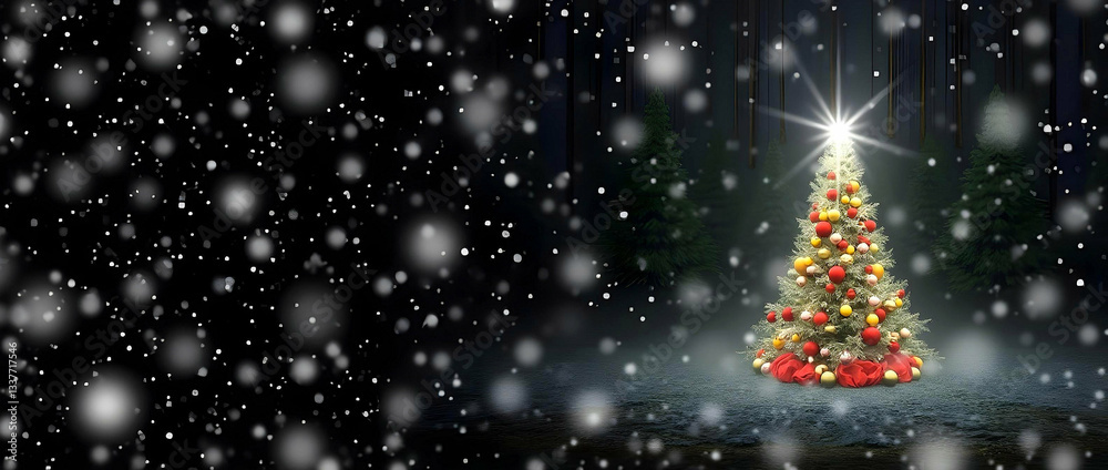 Christmas tree decorated with ornaments and lights in a winter forest. Concept festive atmosphere and natural beauty. Christmas tree decorated with ornaments and lights in a winter forest. Concept festive atmosphere and natural beauty.