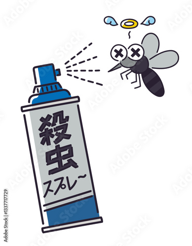 殺虫スプレーにやられる蚊／ベクター手書き線画イラスト