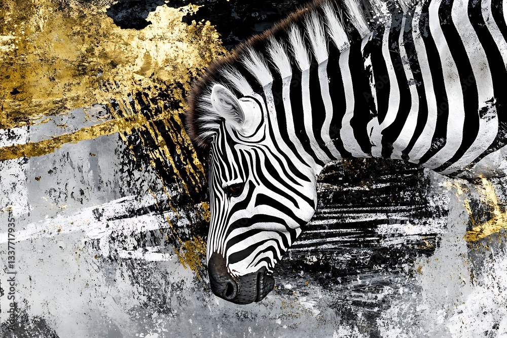Fototapeta premium Zebra portrait, head down with abstract gold and gray background, decor use