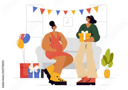 Baby Shower Vector Illustration Featuring a Couple Celebrating the Arrival of a Little Boy or Girl with Cake, Decorations, and Gifts in a Background