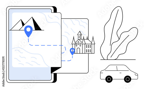 Smartphone displaying navigation route linking mountains to a castle, blue location pin markers, decorative plant, and car. Ideal for travel, tourism, exploration, navigation concepts, digital tools