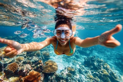 A pretty and sexy happy asian young woman with short hair in a swimming mask and fins snorkeling among the corals. A dense school of silver fish swims next to her. Happy girl enjoying the sea.