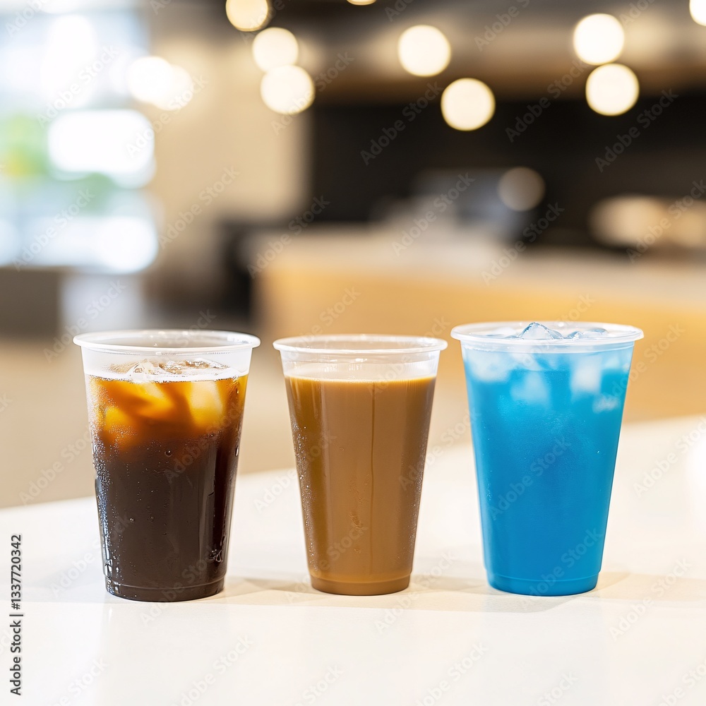 Refreshing Summer Beverages in Clear Cups on Bright Table Surface Refreshing Summer Beverages in Clear Cups on Bright Table Surface