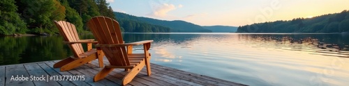 Serene lake view, Adirondack chairs on wooden dock , stock, blue, sky