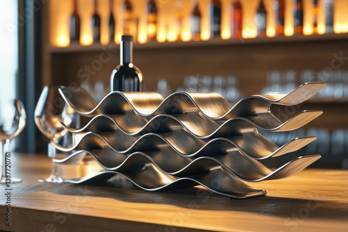 Sculptural wine rack with fluid shapes in brushed steel, set in a stylish bar environment.