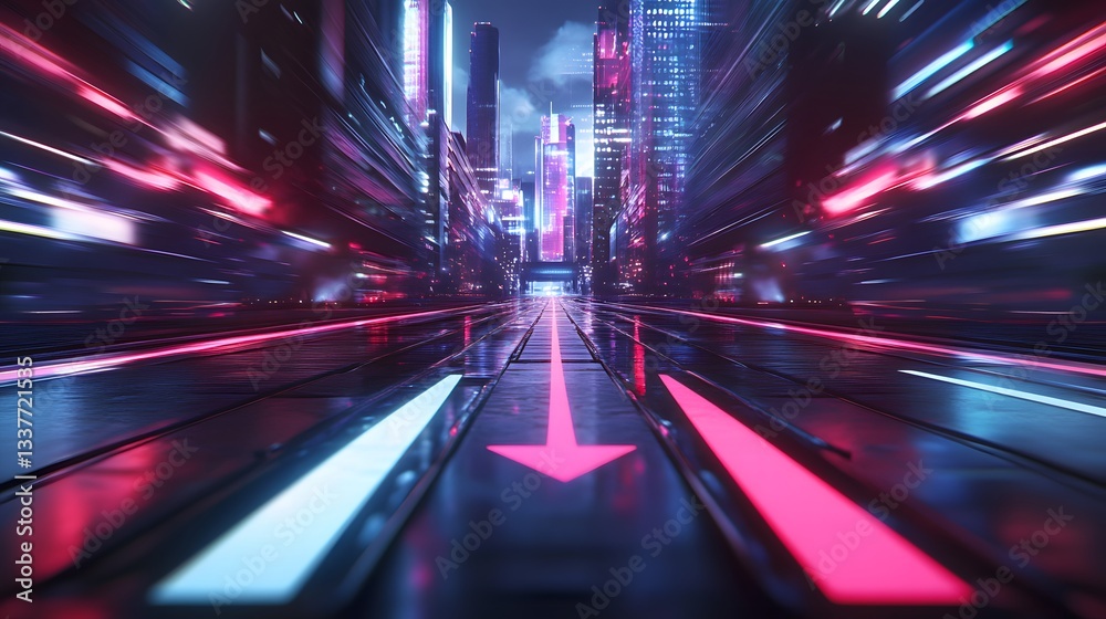 Fototapeta premium Neon Cityscape with Pink and Blue Lights and Arrow Direction at Night