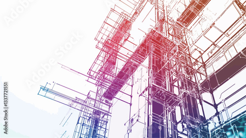 Low-angle close-up shot of an abstract architectural structure rendered in a vibrant gradient of red, pink, and blue hues against a white background. The image showcases intricate lines, geometric