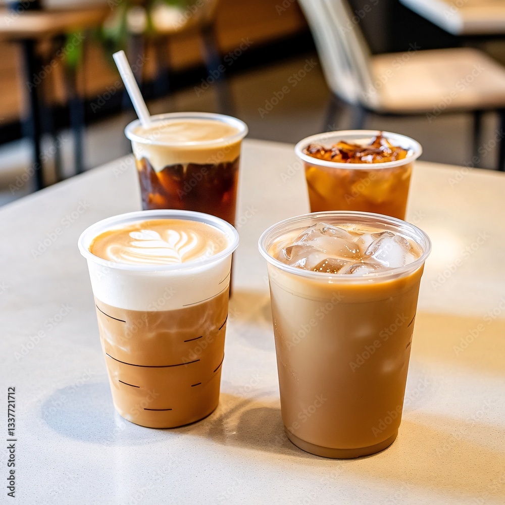 Coffee Bar Scene with Various Beverages in Stylish Glasses Coffee Bar Scene with Various Beverages in Stylish Glasses