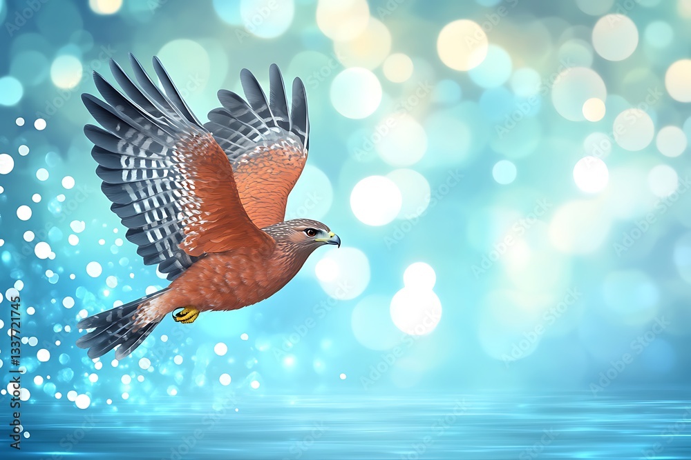 Fototapeta premium Hawk in flight over reflective water with blurred blue and white bokeh background