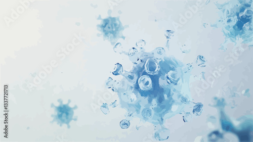 The image is a digitally rendered microscopic view of numerous viral particles. The particles are depicted in shades of light blue, appearing three-dimensional and exhibiting a spiky or corona-like