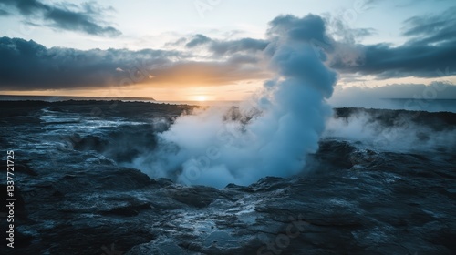 Majestic Geyser Erupting Against Sunset Background in Natural Setting