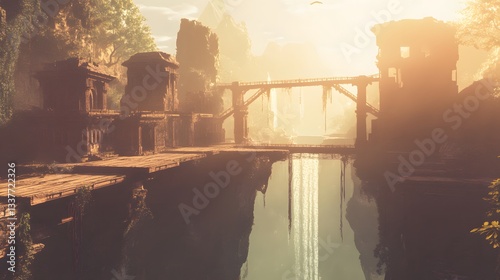 Ancient Ruins and Waterfall in a Sunlit Pixel Art Landscape