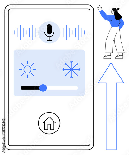Mobile interface with microphone icon, climate control slider, and home button. User gestures beside interface, large arrow points direction. Ideal for smart living, automation, UX design, AI use
