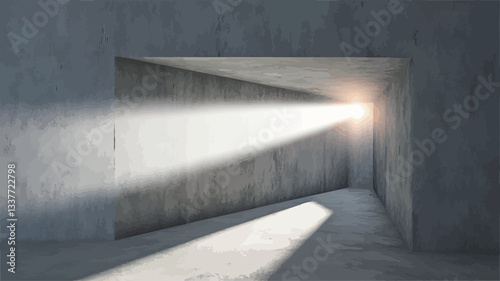 The image shows a digitally rendered interior space featuring a minimalist design.  The walls and floor are composed of a textured, gray concrete material.  A rectangular opening in the wall allows