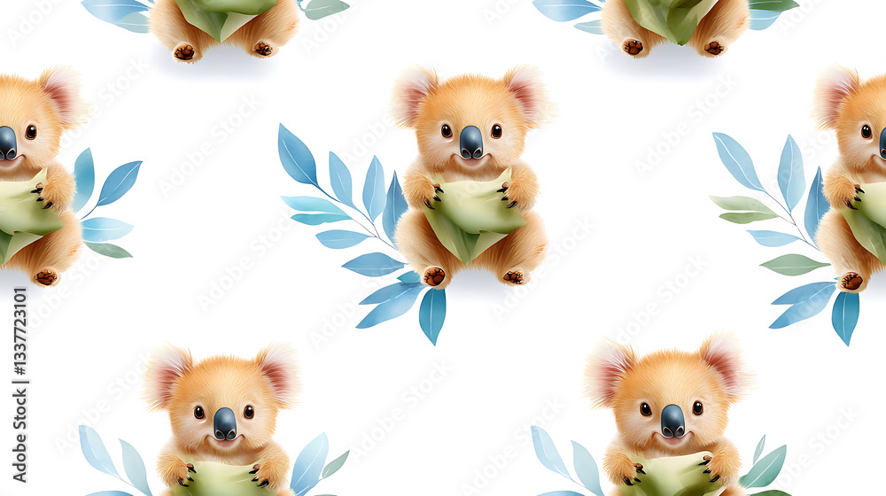 Obraz premium Cute koala holding leaves surrounded by eucalyptus leaves in seamless pattern, perfect for nature themed designs