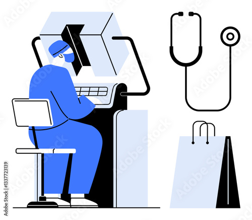 Healthcare worker operates advanced robotic medical device, stethoscope for diagnostics, shopping bag hinting at consumerism. Ideal for healthcare, technology, innovation, robotics, diagnosis