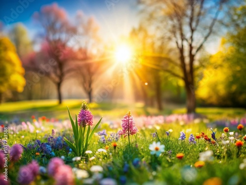 Miniature Spring Landscape: Vibrant Flowers and Lush Greenery in a Tilt-Shift Photo