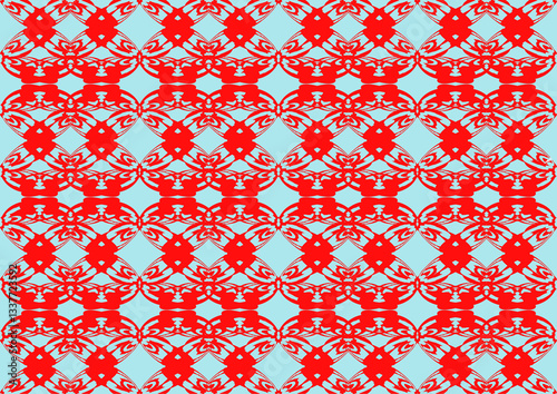 seamless pattern with red hearts.  Colorful square textile and ceramic floor design. Geometry shape abstract tie-dye wallpaper. Aztec style and Folk embroidery. Fabric texture concept.