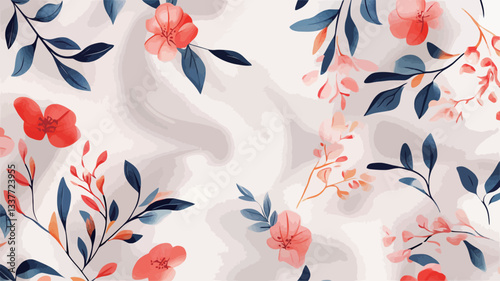 Close-up view of a textile pattern featuring coral-colored flowers and navy blue leaves on a white background. The fabric has a soft, slightly wrinkled texture. The pattern is abstract and appears