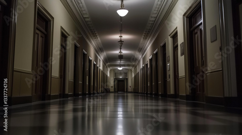 Deserted government building with empty hallways and closed office doors, symbolizing a government shutdown. Concept of political inactivity, bureaucratic standstill, and public service disruption.