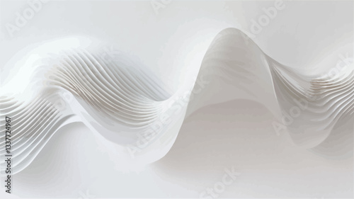 The image depicts an abstract composition featuring a flowing, wave-like form in shades of white.  The wave is rendered with subtly textured, parallel lines creating a sense of depth and movement.