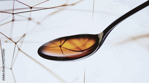 Close-up macro photograph of a metallic spoon holding a small amount of viscous amber-colored liquid. The liquid's surface reflects the out-of-focus background, which features delicate, thin,