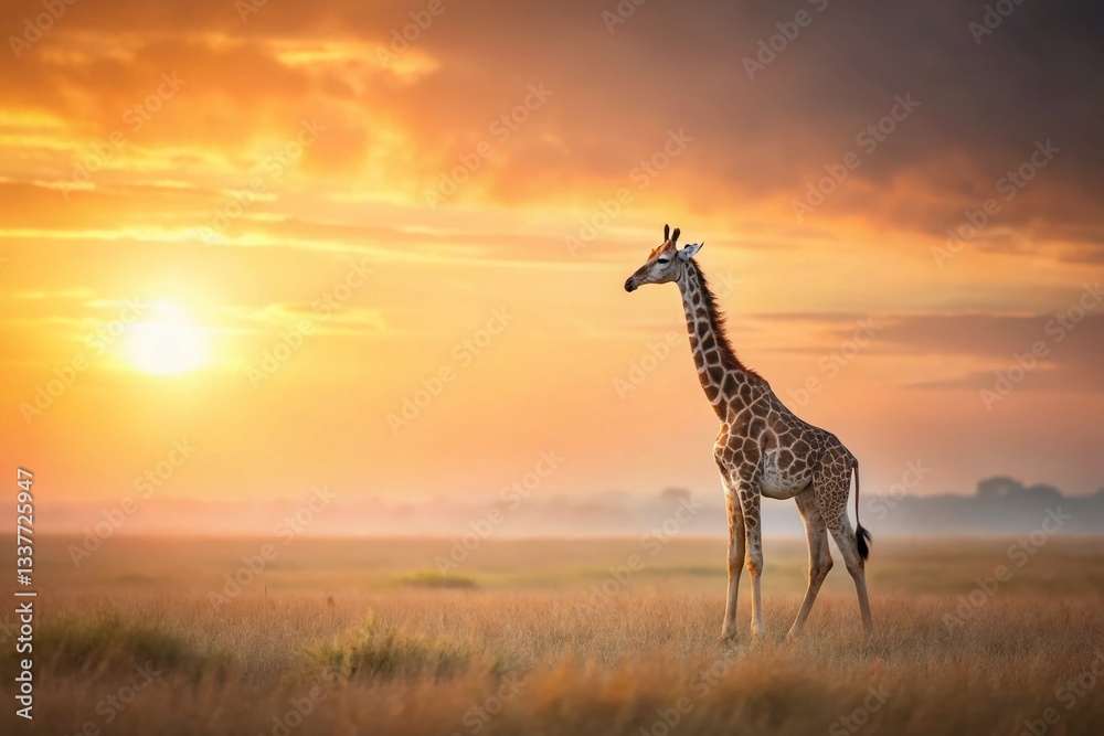 Obraz premium Minimalist Baby Giraffe Portrait: Gentle Giant in Serengeti Sunrise