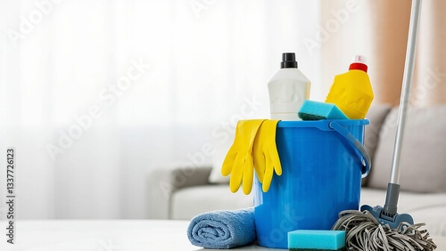 Cleaning supplies including a mop, sponges, gloves, and cleaning fluid in a blue bucket on a white surface.