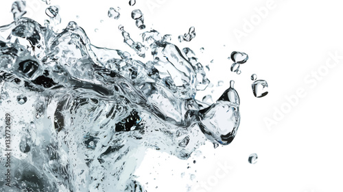 Close-up macro shot of a water splash against a white background. The image features a dynamic, abstract composition of water droplets and splashes in varying shades of gray and white.  The focus
